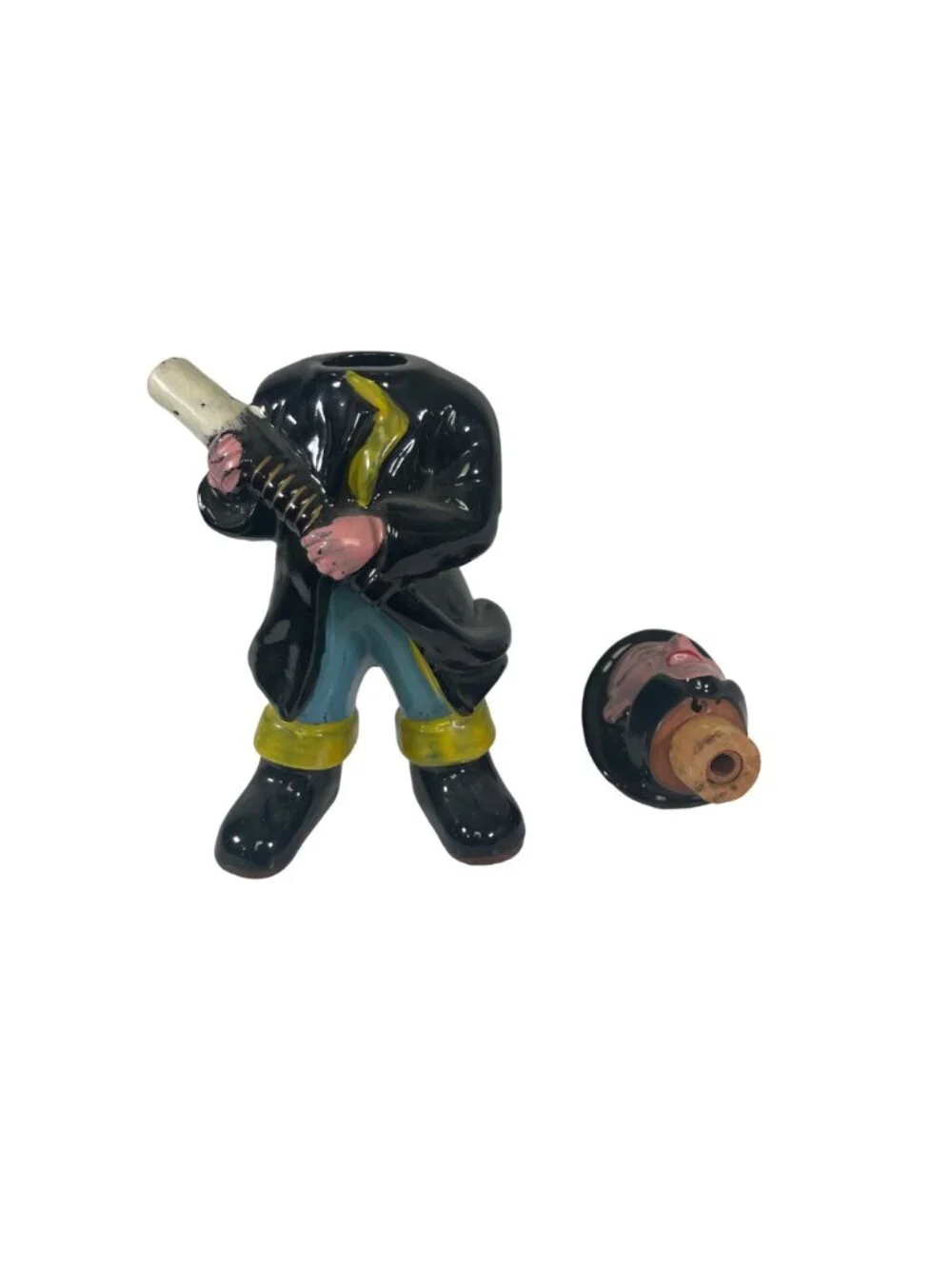 Hand Painted Vintage Fireman Decanter With Cork Head Stopper Ceramic Black